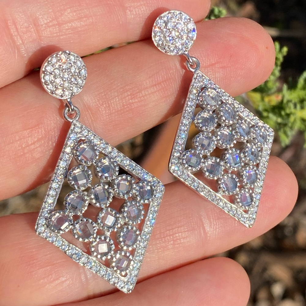 ✨ Sterling Silver Pavé Drop Earrings | 925 | Diamond Shape | 4.5 cm | 11.4 g